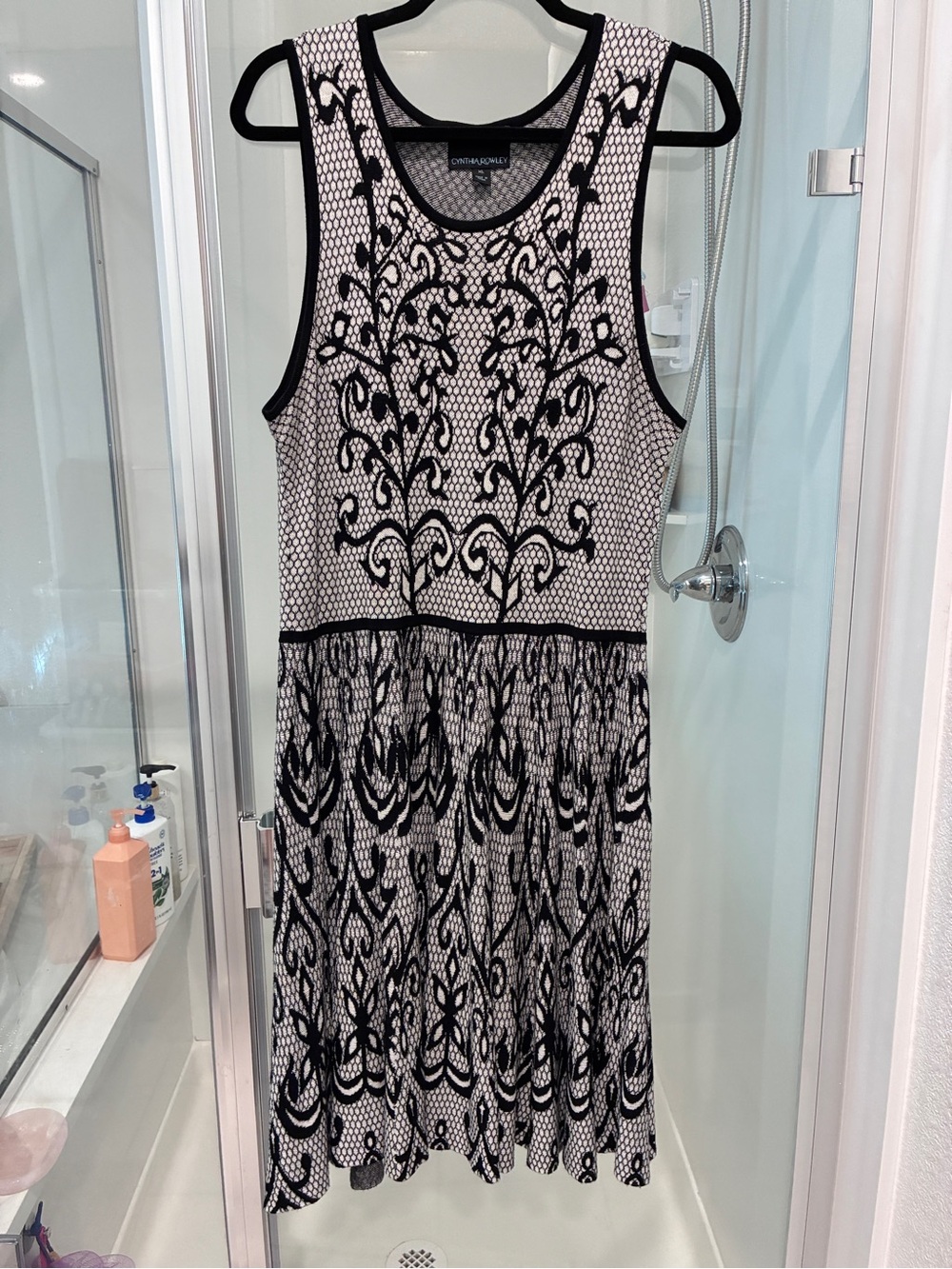 Cynthia Rowley Black & Cream Sleeveless Patterned Fit-and-Flare Dress